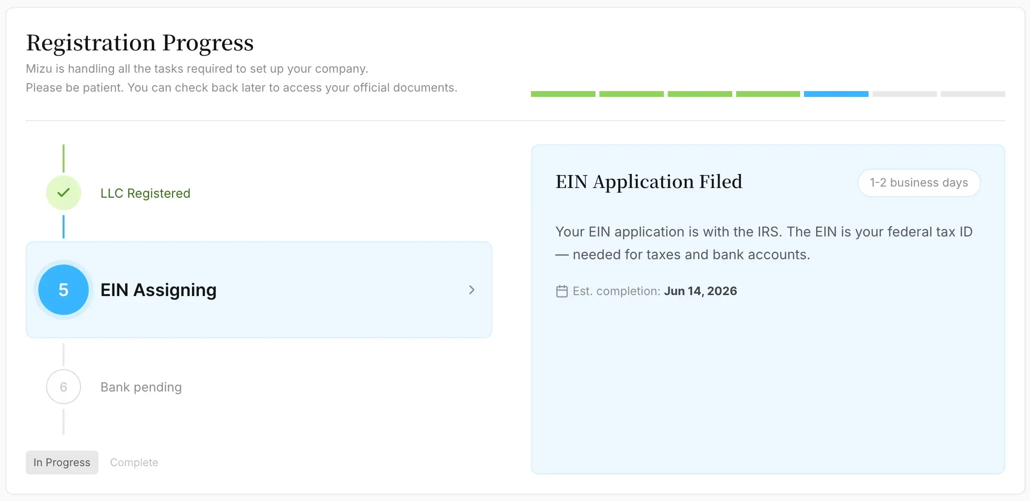 Mizu product interface — registration progress with LLC, EIN, and banking steps